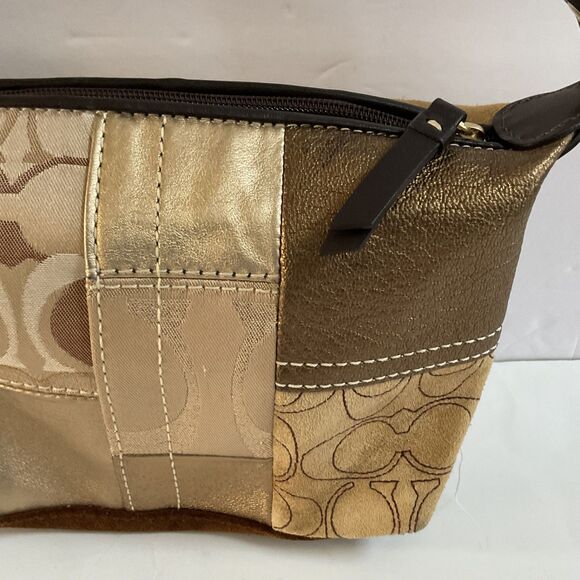 Coach Y2K Gold Patchwork Suede Canvas Metallic Leather Baguette Demi Mimi Bag - Picture 13 of 13